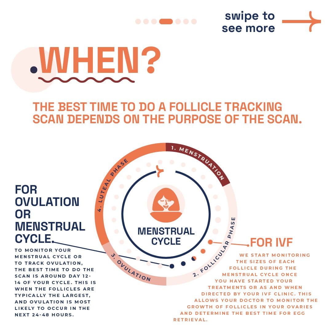 Educational content by London Pregnancy Clinic indicating the optimal timing for follicle tracking scans during the menstrual cycle and for IVF treatments, with a circular diagram of the menstrual cycle phases.