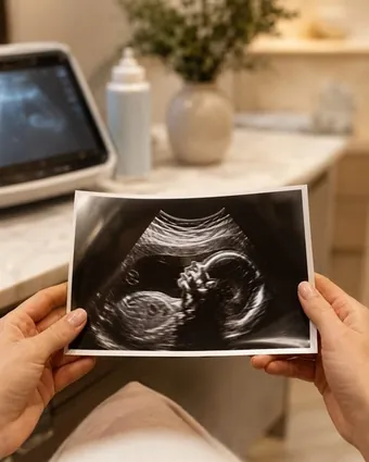 Holding the first printed scan photo