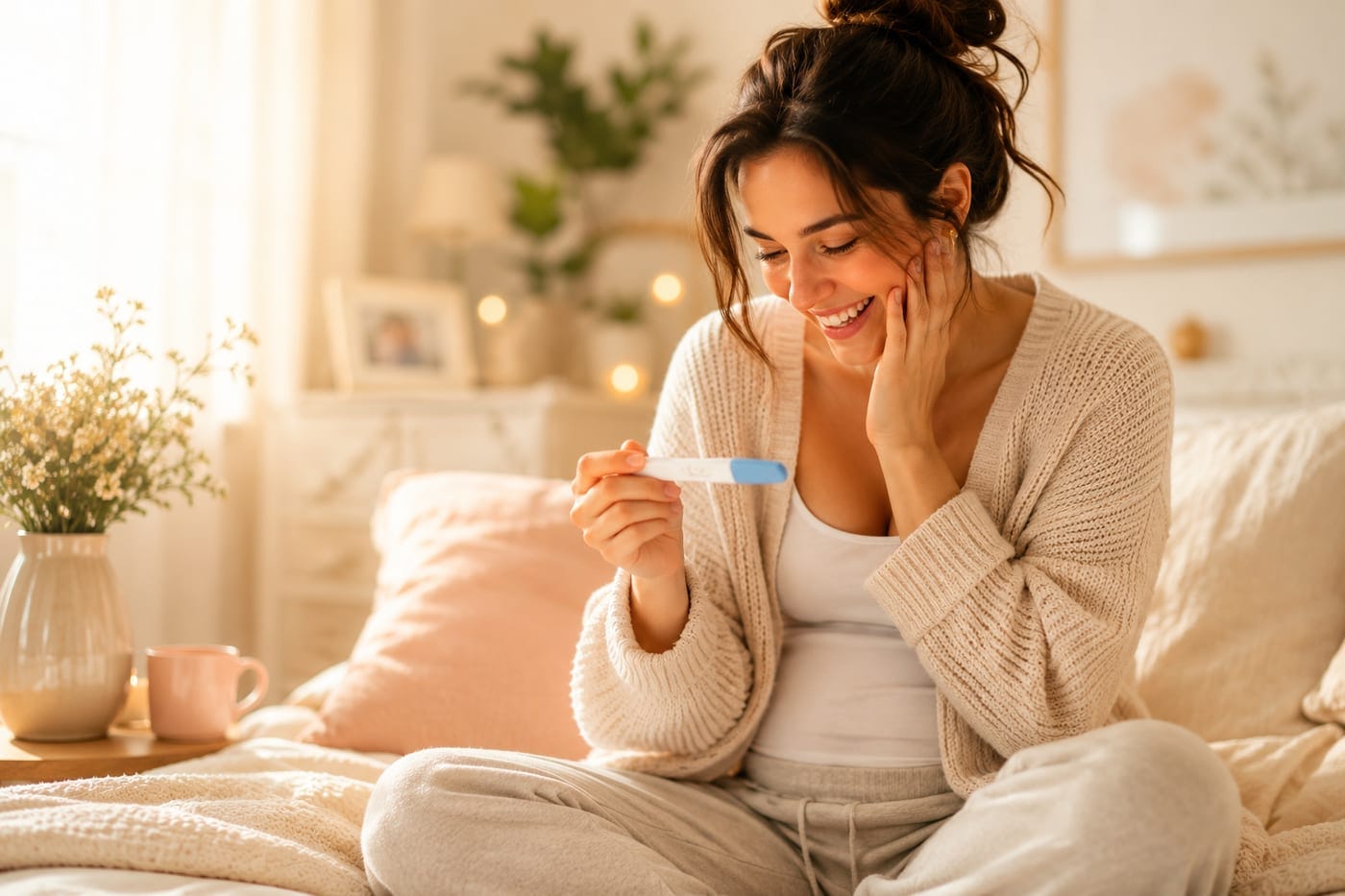 An expectant mother smiling at a positive pregnancy test in a warm, sunlit room