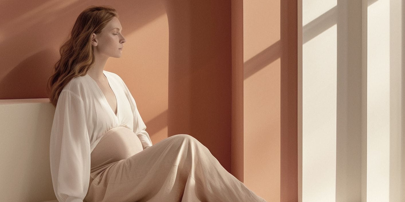 A pregnant woman in the second half of pregnancy resting by a window