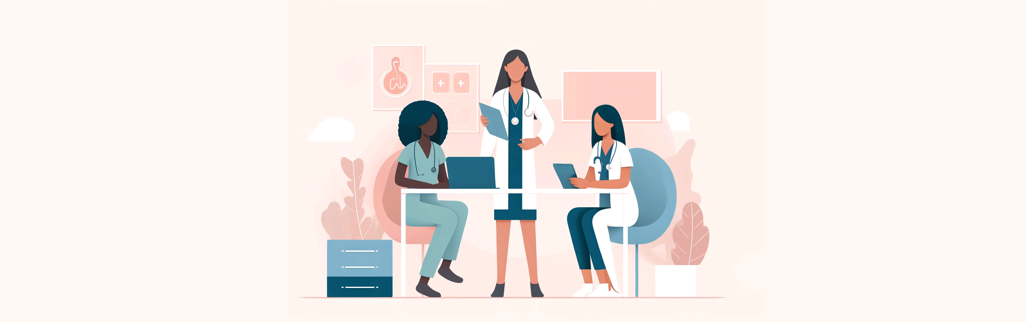 Modern, minimalist illustration of three diverse female health specialists at London Pregnancy Clinic, dressed in medical scrubs, working with medical charts and a laptop in a clean, clinical setting, designed in flat graphic style with soft pastel colors, representing inclusivity and professionalism in women's health.