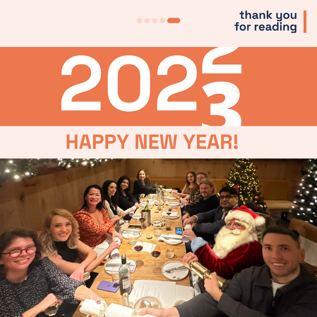London Pregnancy Clinic team celebrating at a dinner table with festive decorations and a person dressed as Santa Claus, text reads '2023 Happy New Year!