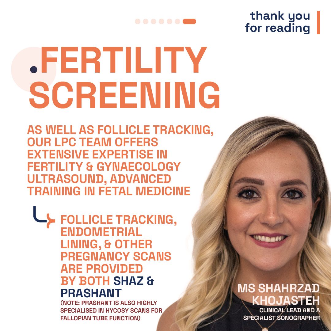 Ms. Shahrzad Khojasteh, Clinical Lead and Specialist Sonographer at London Pregnancy Clinic, smiling in professional attire with text highlighting services in fertility screening, including follicle tracking, endometrial lining, and pregnancy scans.