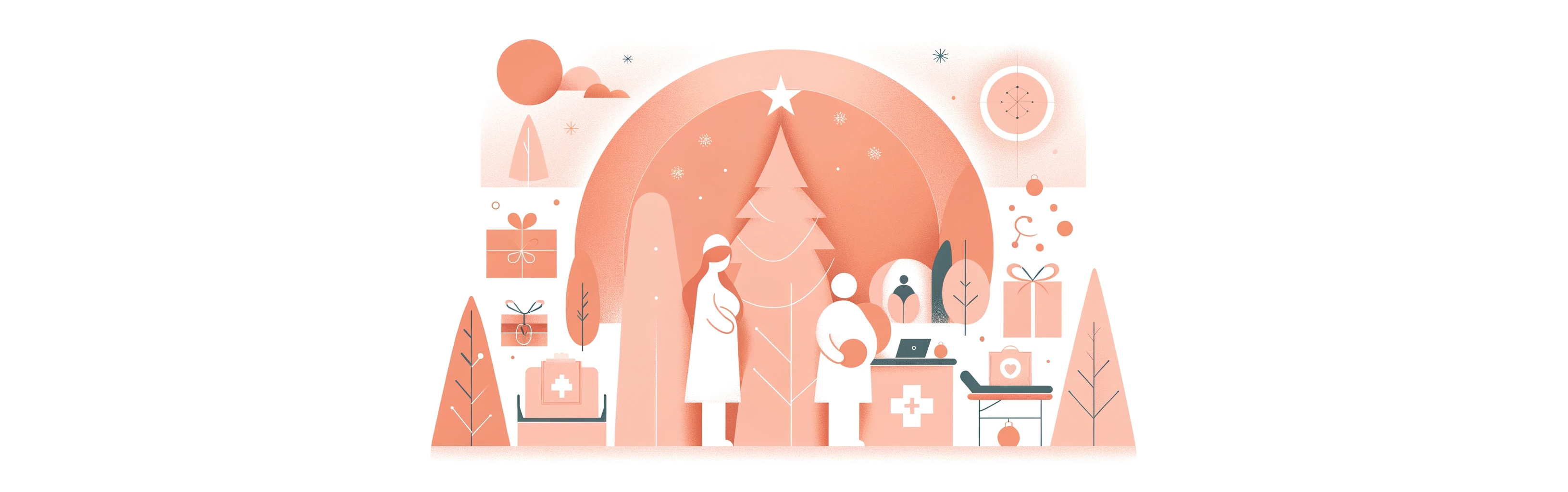Happy Holidays 2023 from London Pregnancy Clinic! An illustrative 2D minimalist holiday scene with soft baby pink and pale orange hues, featuring abstract representations of clinicians and maternity care, symbolising warmth and festive cheer.