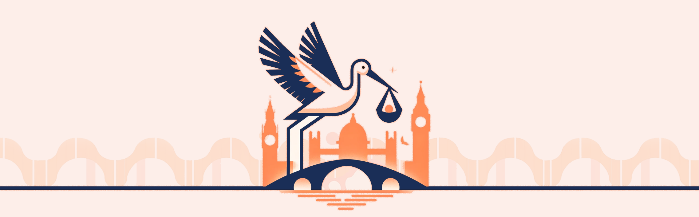 Graphic of a stork carrying a baby over the city of London hospital.