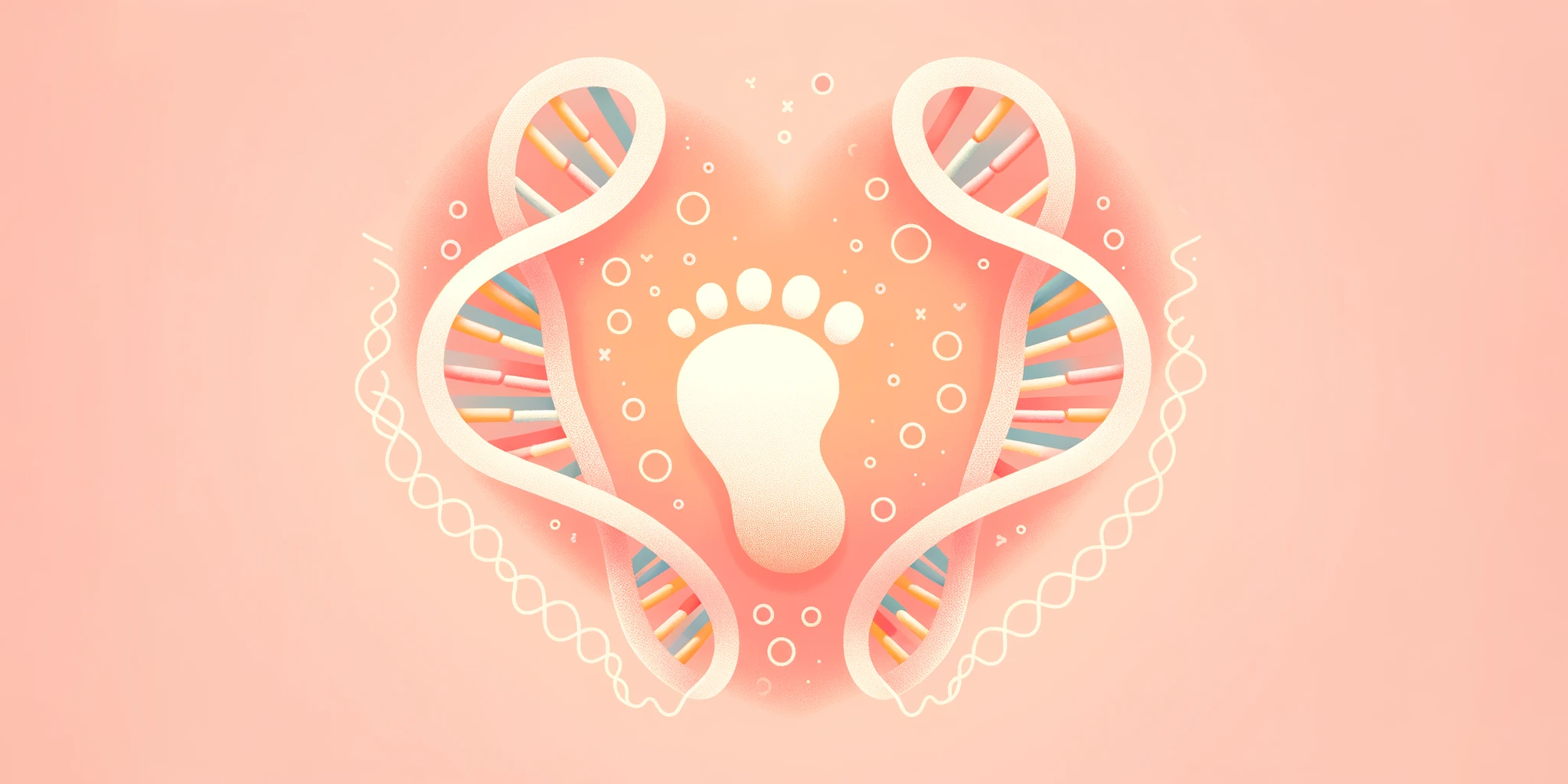 Graphic of a baby footprint in a heart with DNA strand on either side.