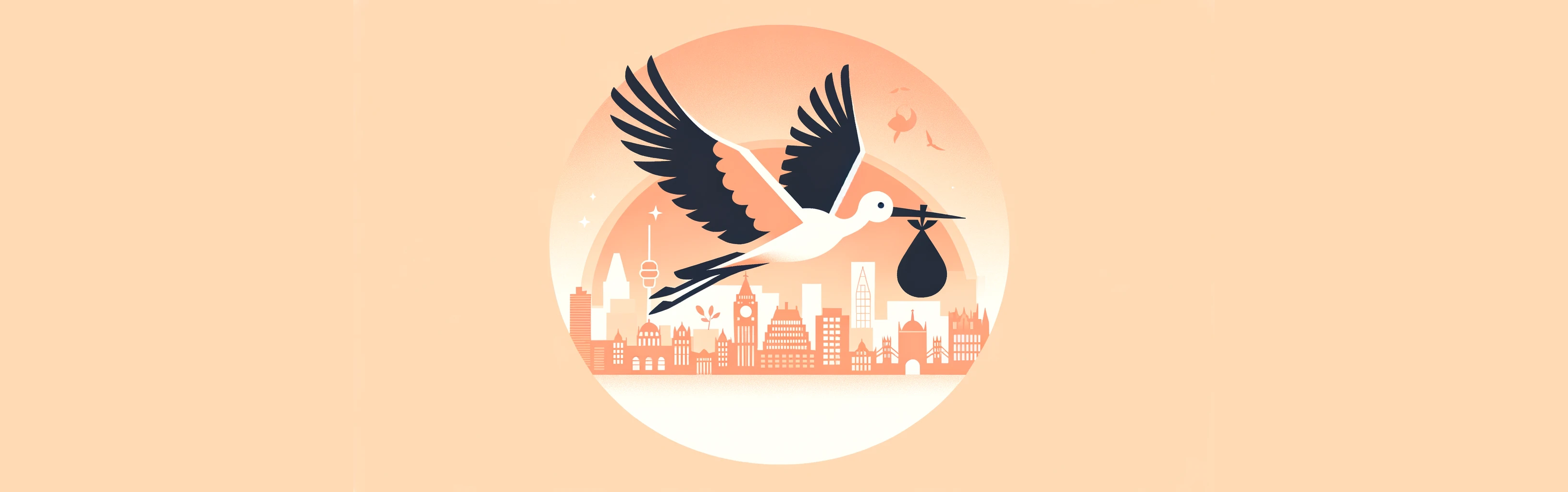 Stylised white stork in flight against a peach-coloured backdrop, carrying a black bundle over a simplified, orange-hued London skyline, symbolising early pregnancy care and ultrasound excellence at the London Pregnancy Clinic.
