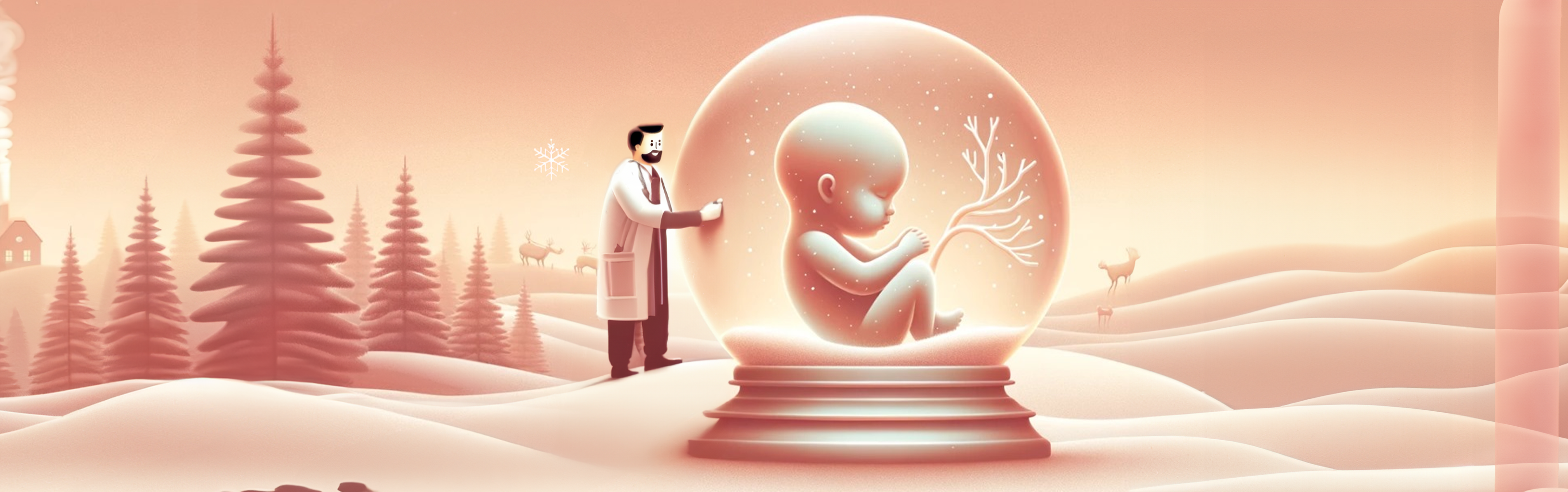An illustration for a blog post about a London Pregnancy Clinic event, depicting a serene winter scene with a doctor holding a snowflake wand beside a giant, glowing snow globe. Inside the globe, a peaceful foetus is curled up, akin to a budding flower on a tree branch, symbolising the clinic's nurturing approach to prenatal care.
