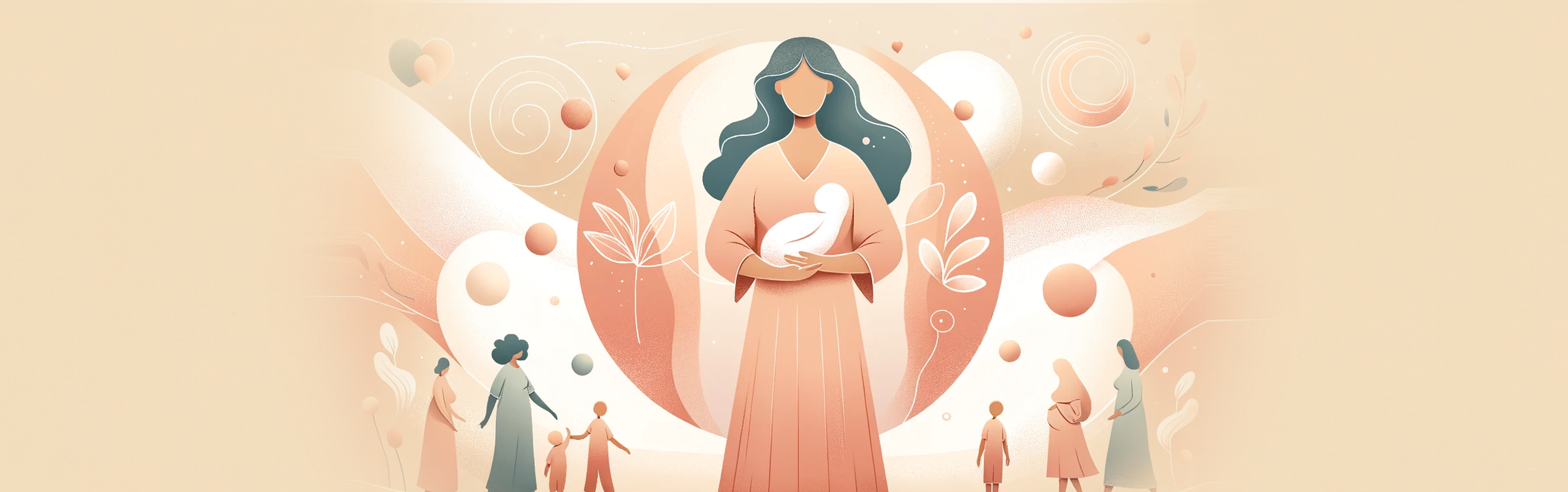 Graphic of celebrating World Doula Day. An illustration of a Doula holding a baby with pregnant women around her.