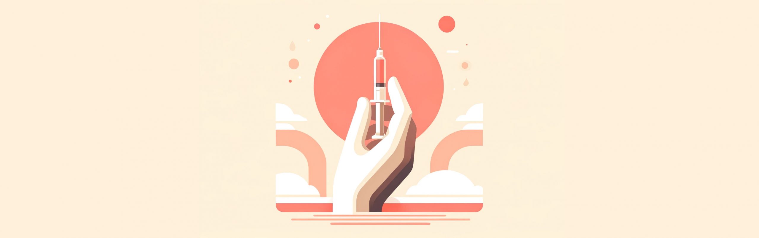 Modern minimalist illustration of a hand holding a syringe, in soft light orange and baby pink tones, symbolising blood tests during pregnancy at London Pregnancy Clinic.