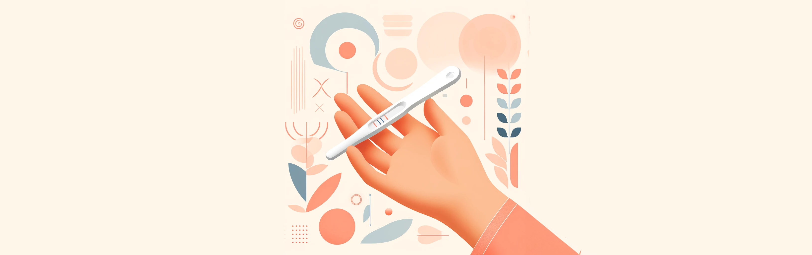 A modern, minimalist illustration depicting a hand holding a positive pregnancy test, surrounded by abstract shapes and elements in light orange and baby pink, symbolising joy and new beginnings.