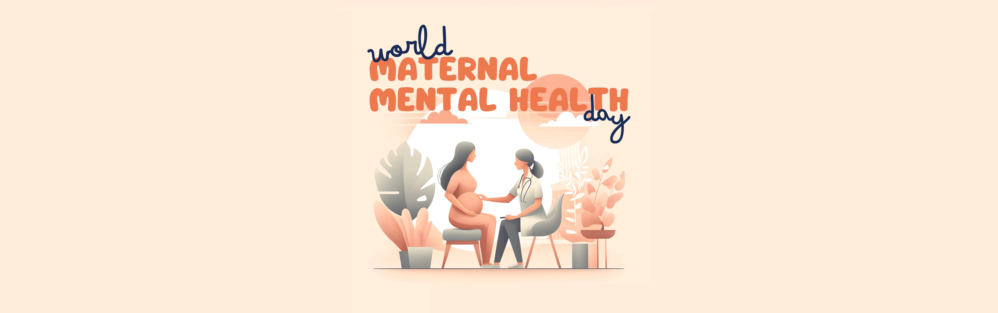 Illustration of a pregnant woman talking with a healthcare provider in a soothing, plant-filled setting, highlighting World Maternal Mental Health Awareness week by London Pregnancy Clinic.